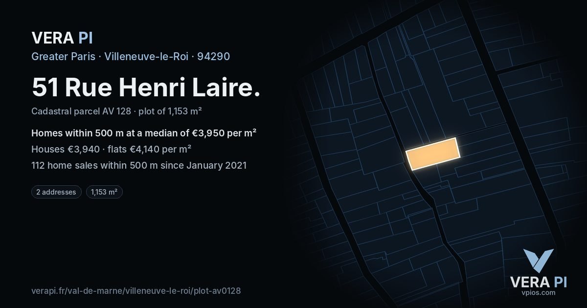 51 Rue Henri Laire, Villeneuve-le-Roi at night – the plot lit, the parcels around coloured by the prices near them