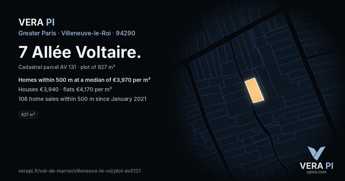 7 Allée Voltaire, Villeneuve-le-Roi at night – the plot lit, the parcels around coloured by the prices near them
