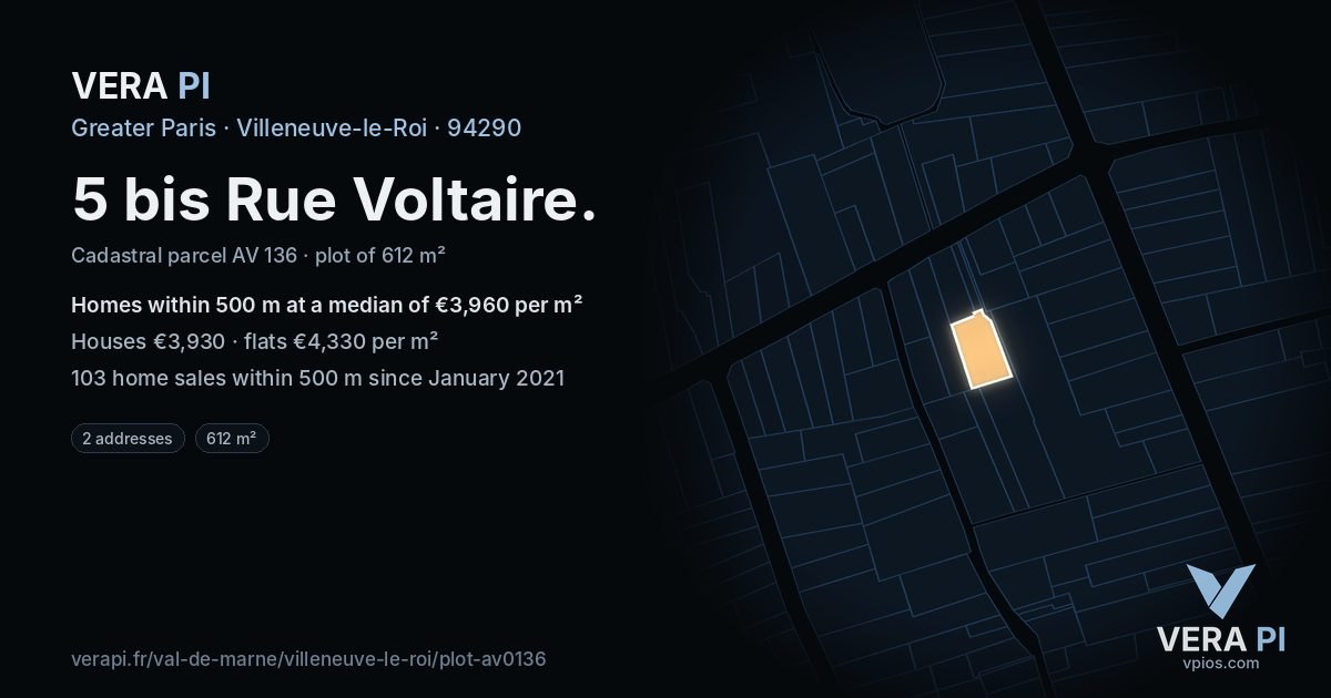 5 bis Rue Voltaire, Villeneuve-le-Roi at night – the plot lit, the parcels around coloured by the prices near them