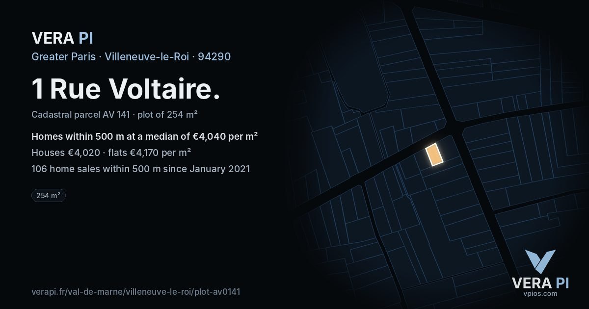 1 Rue Voltaire, Villeneuve-le-Roi at night – the plot lit, the parcels around coloured by the prices near them