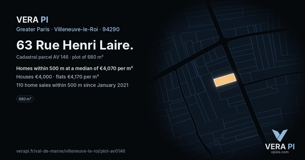 63 Rue Henri Laire, Villeneuve-le-Roi at night – the plot lit, the parcels around coloured by the prices near them