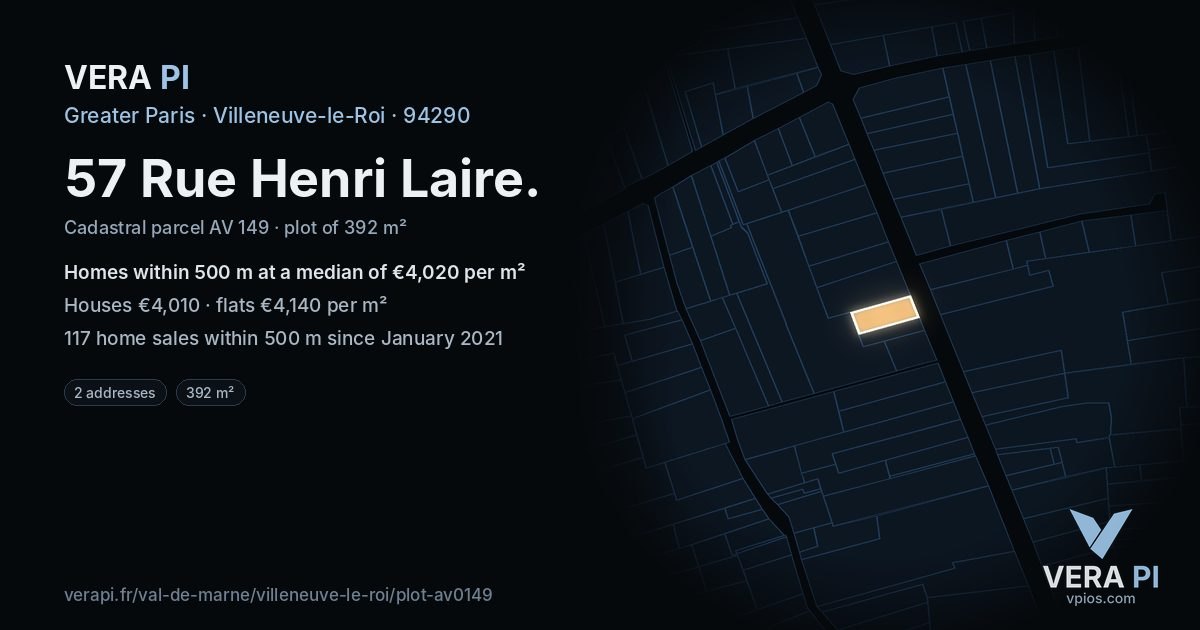 57 Rue Henri Laire, Villeneuve-le-Roi at night – the plot lit, the parcels around coloured by the prices near them