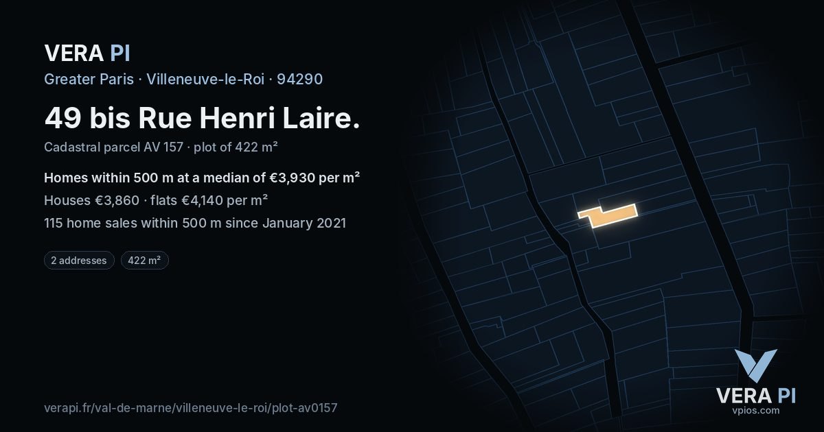 49 bis Rue Henri Laire, Villeneuve-le-Roi at night – the plot lit, the parcels around coloured by the prices near them