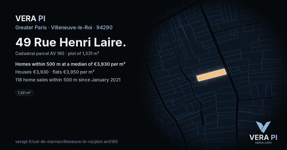 49 Rue Henri Laire, Villeneuve-le-Roi at night – the plot lit, the parcels around coloured by the prices near them