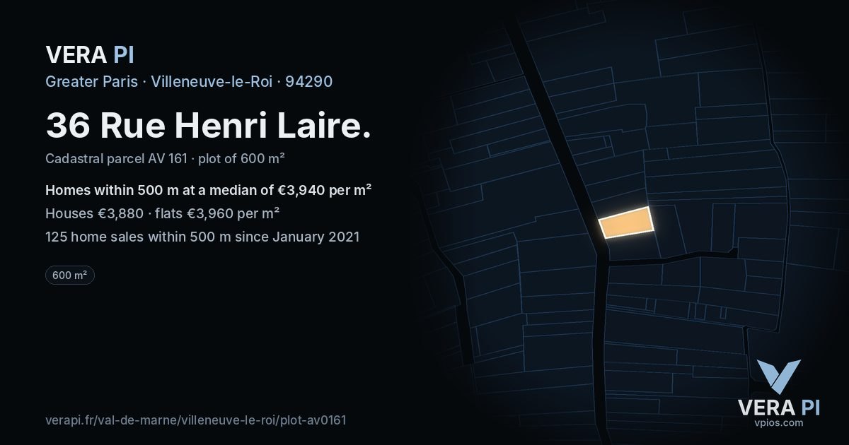 36 Rue Henri Laire, Villeneuve-le-Roi at night – the plot lit, the parcels around coloured by the prices near them