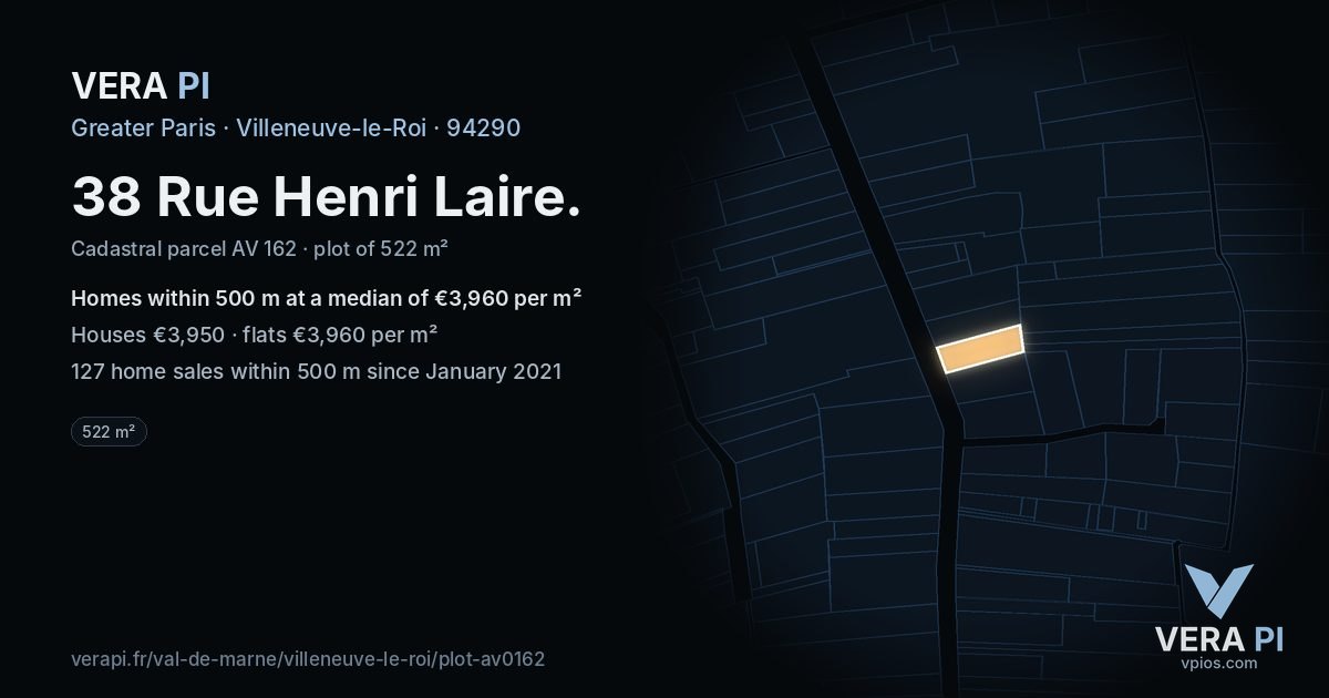 38 Rue Henri Laire, Villeneuve-le-Roi at night – the plot lit, the parcels around coloured by the prices near them