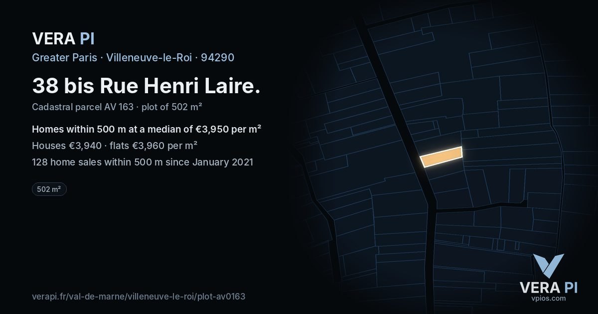 38 bis Rue Henri Laire, Villeneuve-le-Roi at night – the plot lit, the parcels around coloured by the prices near them