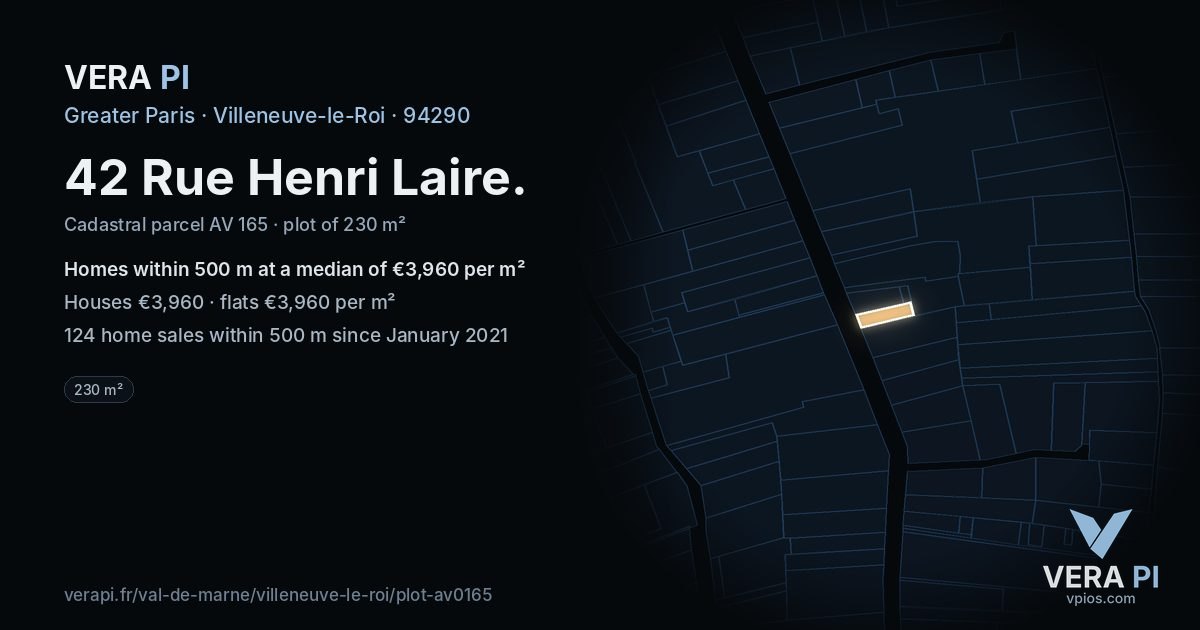 42 Rue Henri Laire, Villeneuve-le-Roi at night – the plot lit, the parcels around coloured by the prices near them
