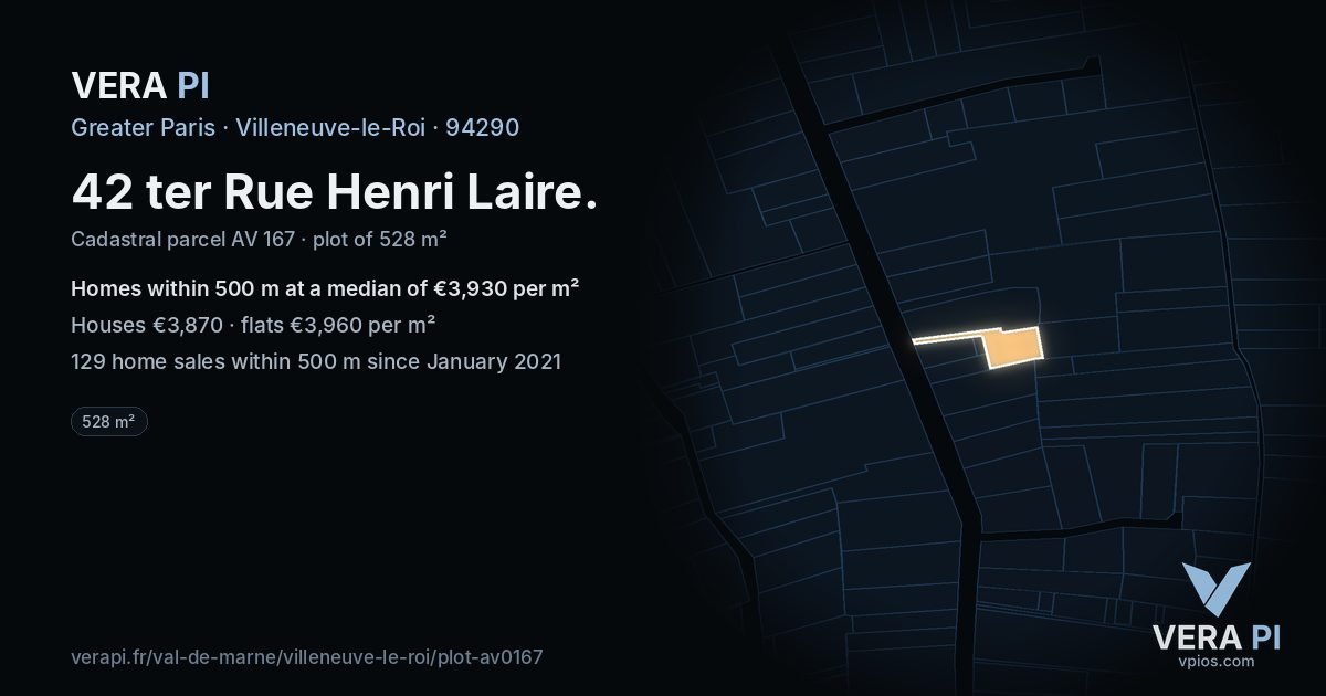 42 ter Rue Henri Laire, Villeneuve-le-Roi at night – the plot lit, the parcels around coloured by the prices near them