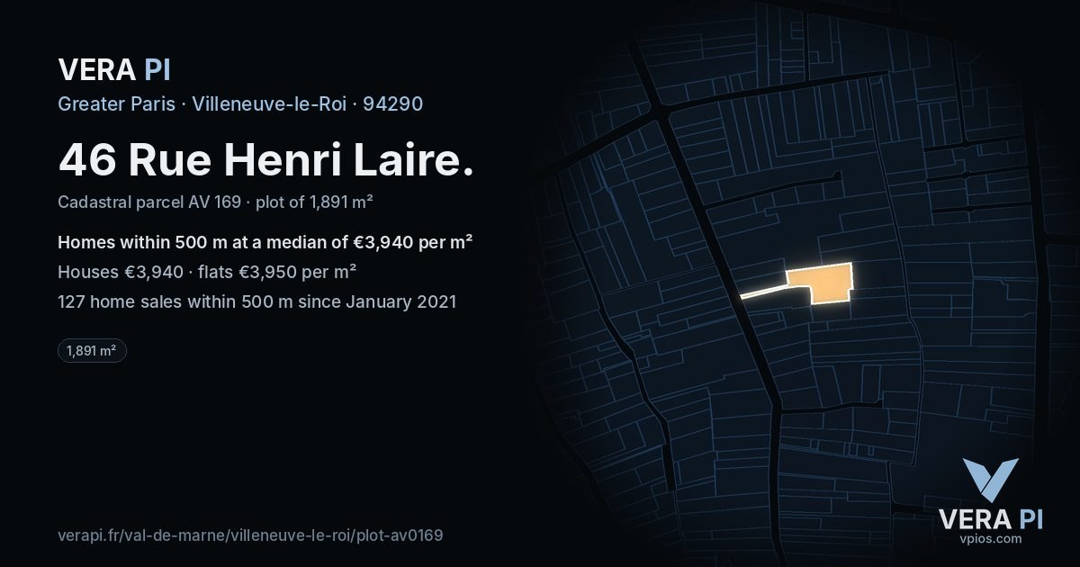 46 Rue Henri Laire, Villeneuve-le-Roi at night – the plot lit, the parcels around coloured by the prices near them