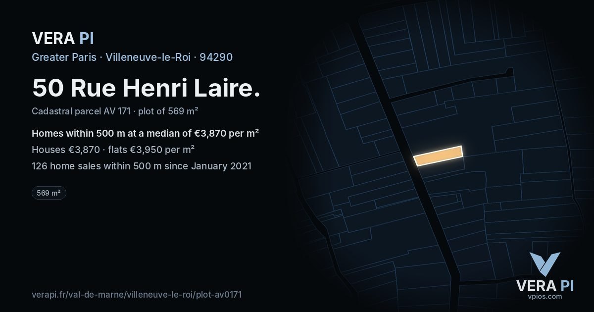 50 Rue Henri Laire, Villeneuve-le-Roi at night – the plot lit, the parcels around coloured by the prices near them