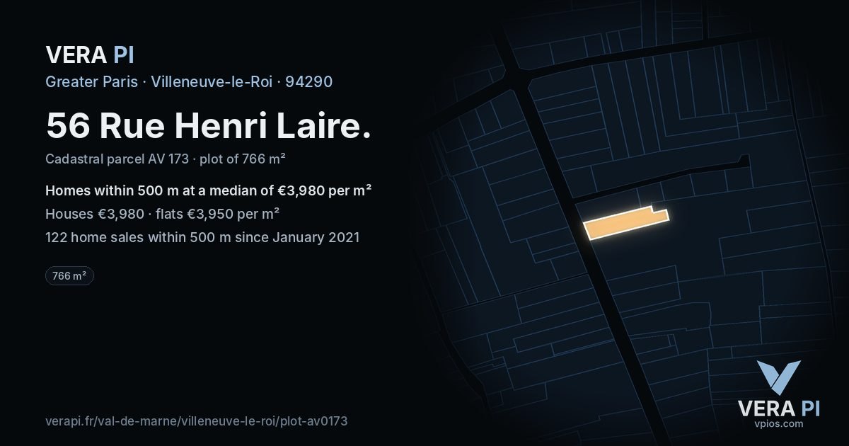 56 Rue Henri Laire, Villeneuve-le-Roi at night – the plot lit, the parcels around coloured by the prices near them