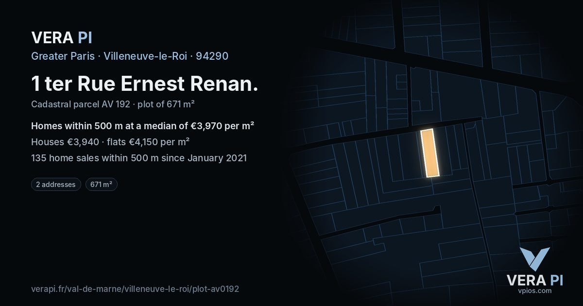 1 ter Rue Ernest Renan, Villeneuve-le-Roi at night – the plot lit, the parcels around coloured by the prices near them