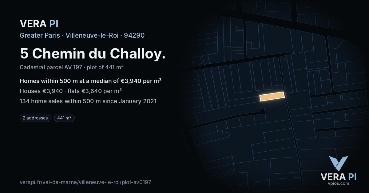 5 Chemin du Challoy, Villeneuve-le-Roi at night – the plot lit, the parcels around coloured by the prices near them