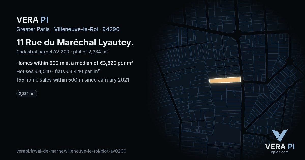 11 Rue du Maréchal Lyautey, Villeneuve-le-Roi at night – the plot lit, the parcels around coloured by the prices near them