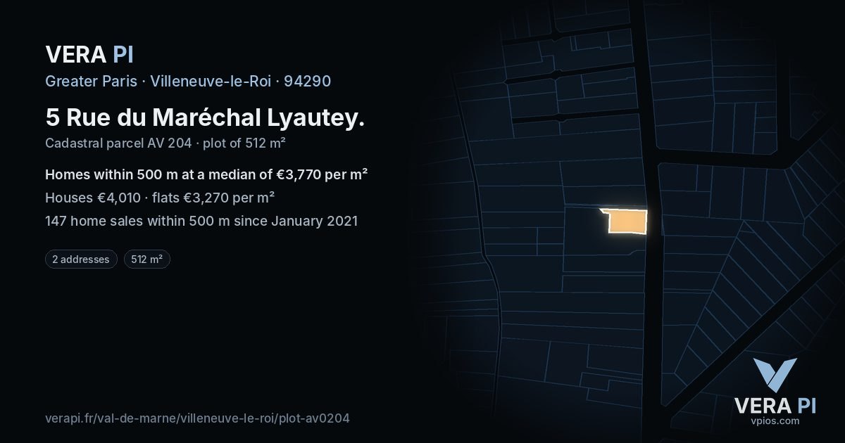 5 Rue du Maréchal Lyautey, Villeneuve-le-Roi at night – the plot lit, the parcels around coloured by the prices near them