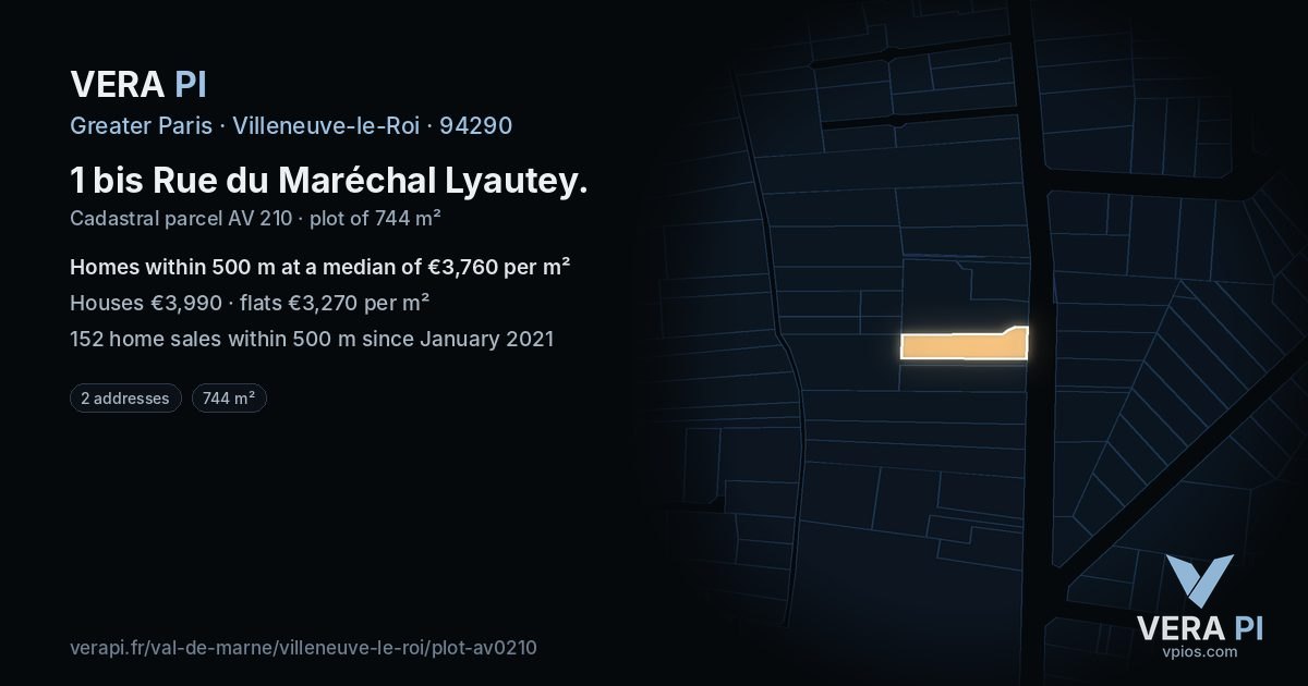 1 bis Rue du Maréchal Lyautey, Villeneuve-le-Roi at night – the plot lit, the parcels around coloured by the prices near them