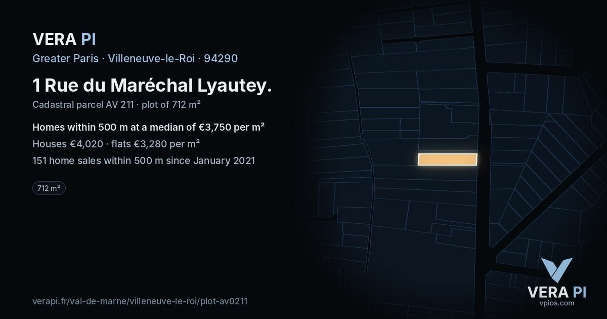 1 Rue du Maréchal Lyautey, Villeneuve-le-Roi at night – the plot lit, the parcels around coloured by the prices near them