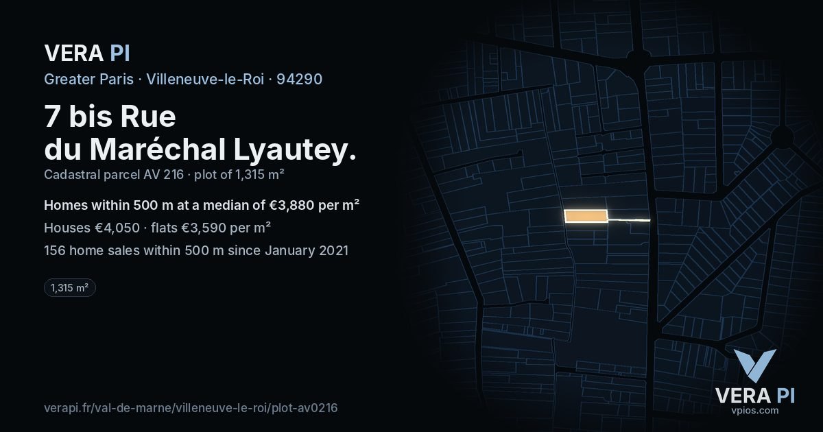7 bis Rue du Maréchal Lyautey, Villeneuve-le-Roi at night – the plot lit, the parcels around coloured by the prices near them