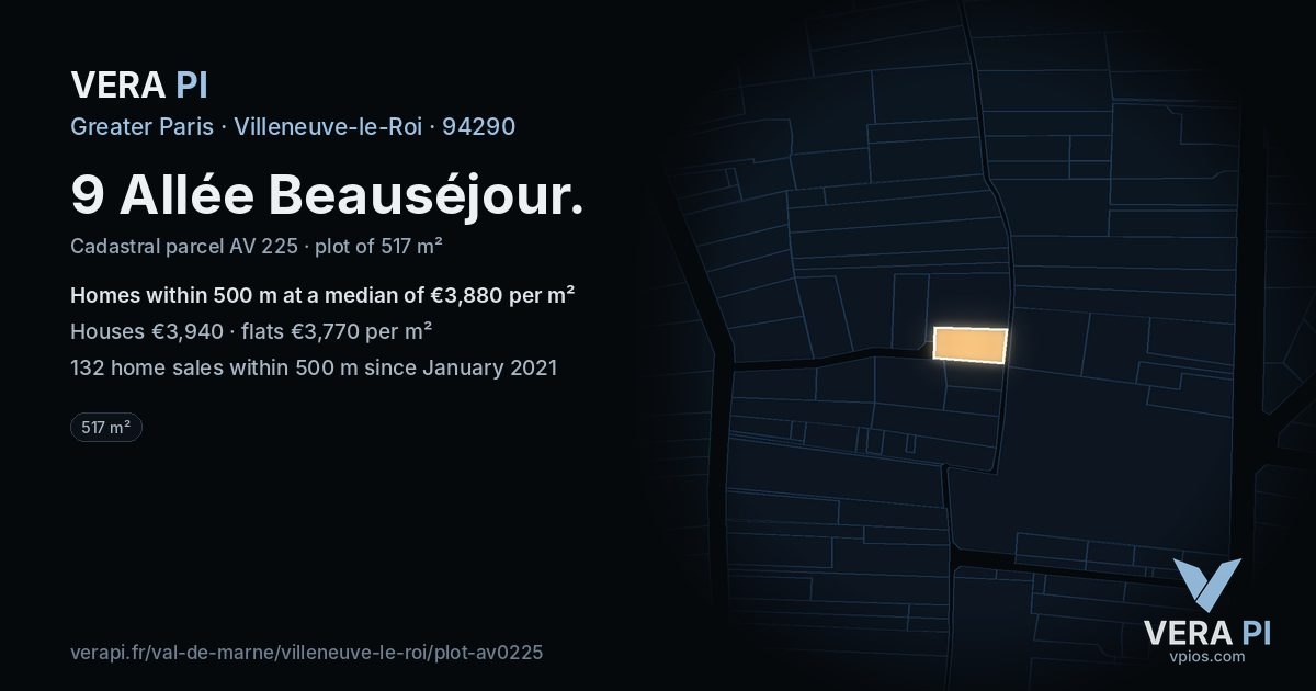 9 Allée Beauséjour, Villeneuve-le-Roi at night – the plot lit, the parcels around coloured by the prices near them