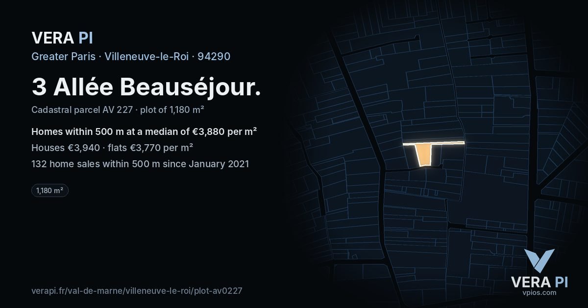 3 Allée Beauséjour, Villeneuve-le-Roi at night – the plot lit, the parcels around coloured by the prices near them