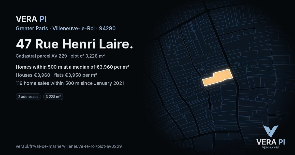 47 Rue Henri Laire, Villeneuve-le-Roi at night – the plot lit, the parcels around coloured by the prices near them
