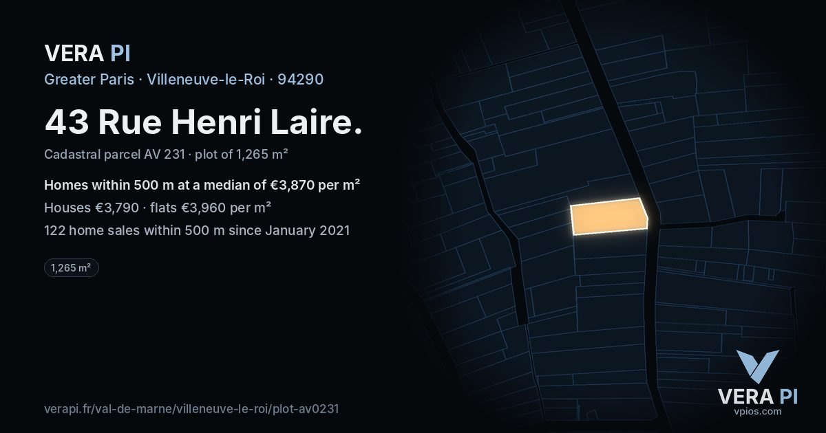 43 Rue Henri Laire, Villeneuve-le-Roi at night – the plot lit, the parcels around coloured by the prices near them