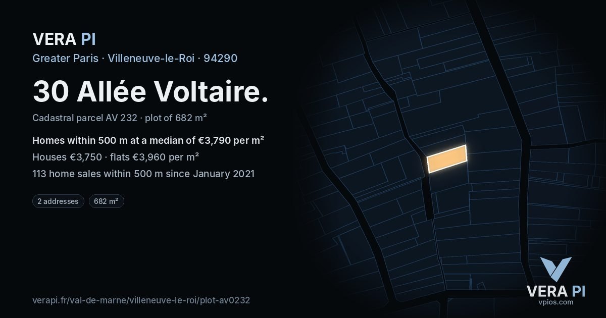 30 Allée Voltaire, Villeneuve-le-Roi at night – the plot lit, the parcels around coloured by the prices near them