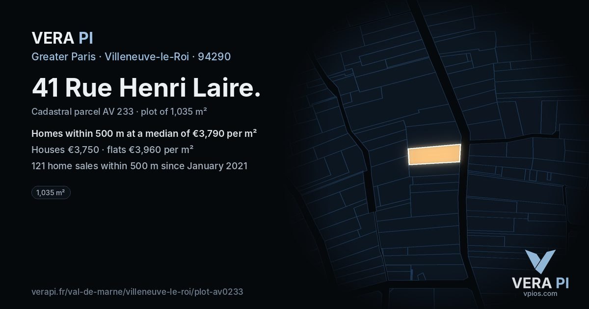 41 Rue Henri Laire, Villeneuve-le-Roi at night – the plot lit, the parcels around coloured by the prices near them
