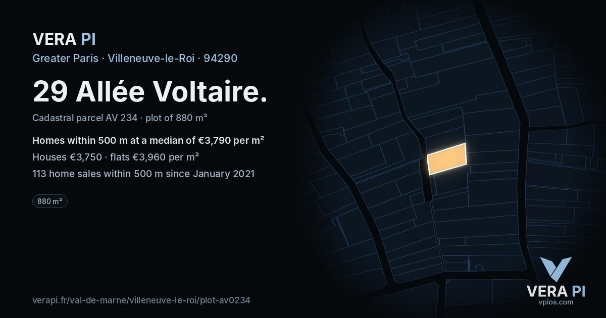 29 Allée Voltaire, Villeneuve-le-Roi at night – the plot lit, the parcels around coloured by the prices near them