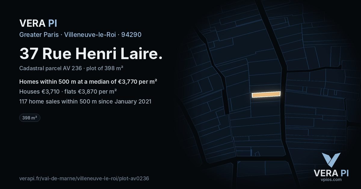 37 Rue Henri Laire, Villeneuve-le-Roi at night – the plot lit, the parcels around coloured by the prices near them