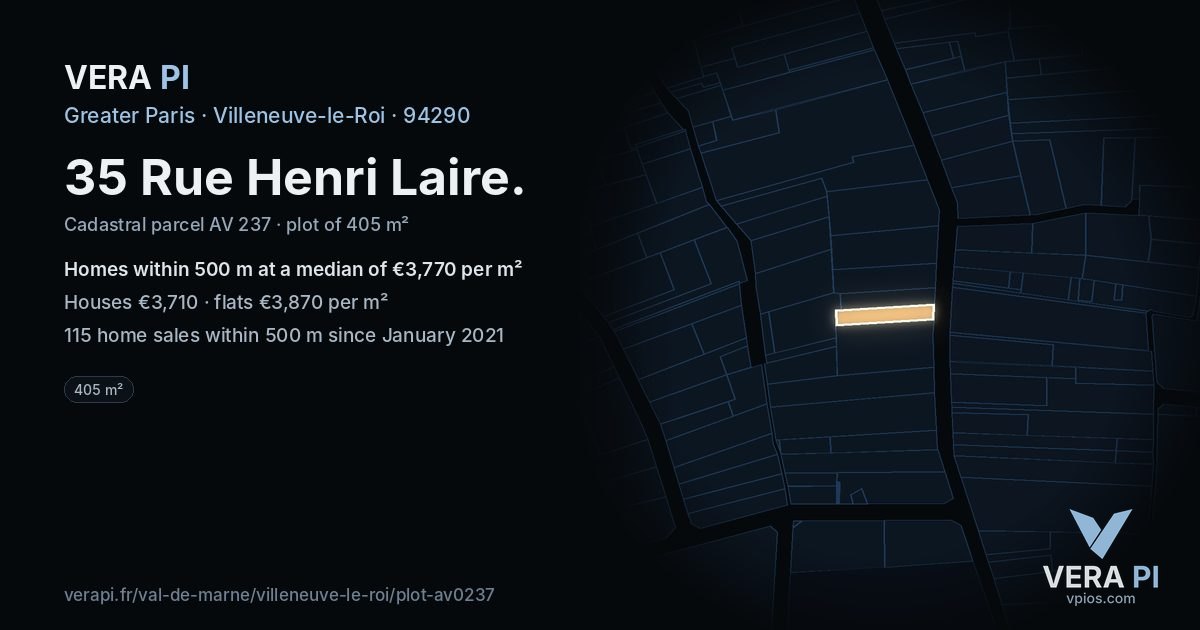 35 Rue Henri Laire, Villeneuve-le-Roi at night – the plot lit, the parcels around coloured by the prices near them