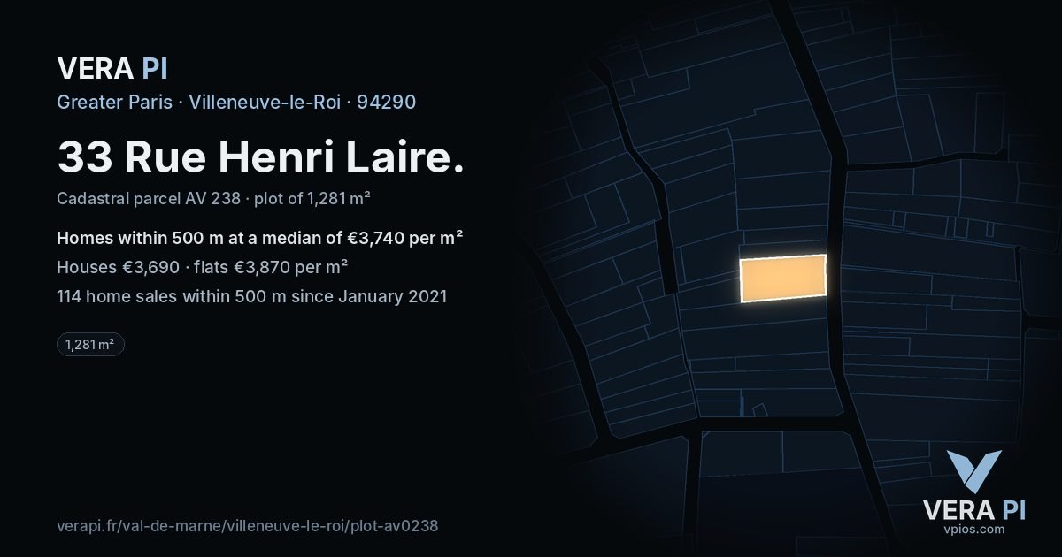 33 Rue Henri Laire, Villeneuve-le-Roi at night – the plot lit, the parcels around coloured by the prices near them