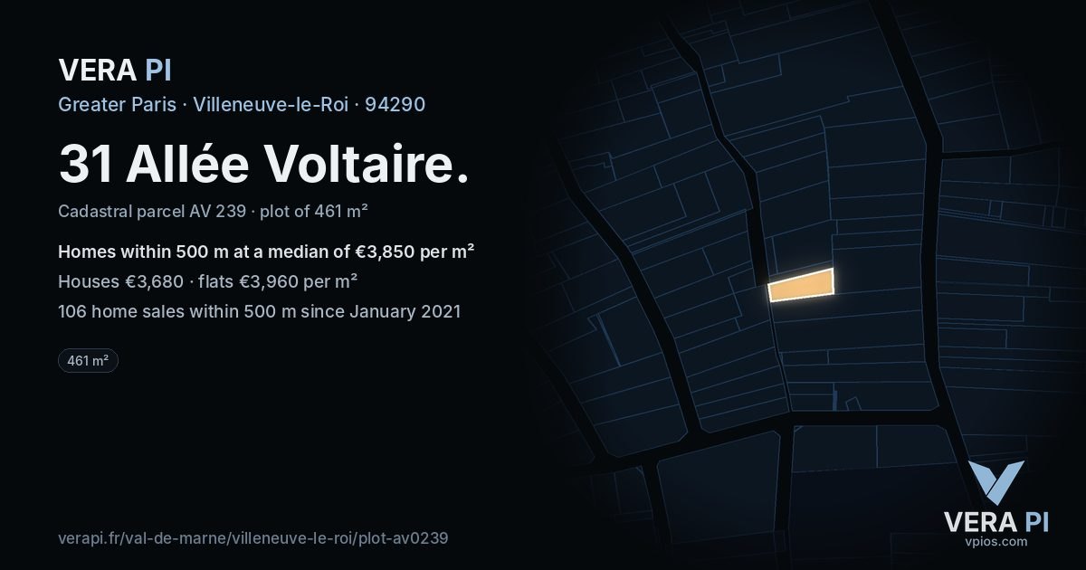 31 Allée Voltaire, Villeneuve-le-Roi at night – the plot lit, the parcels around coloured by the prices near them