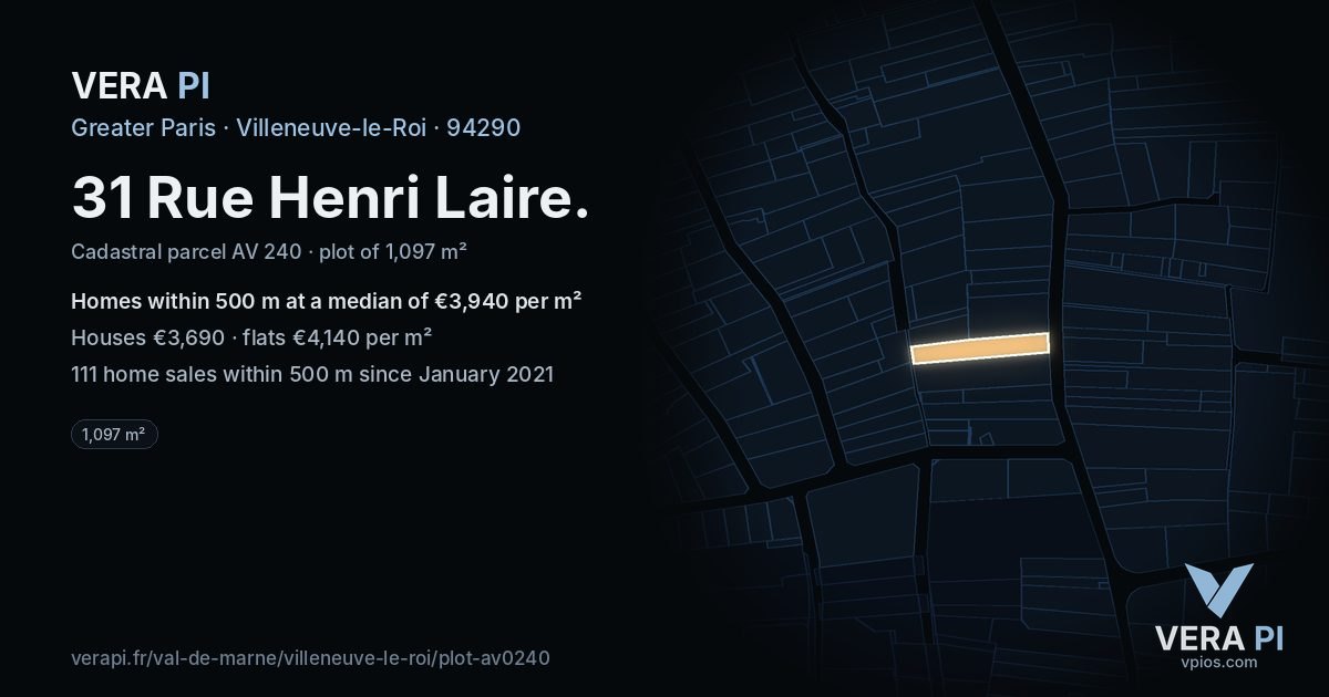 31 Rue Henri Laire, Villeneuve-le-Roi at night – the plot lit, the parcels around coloured by the prices near them