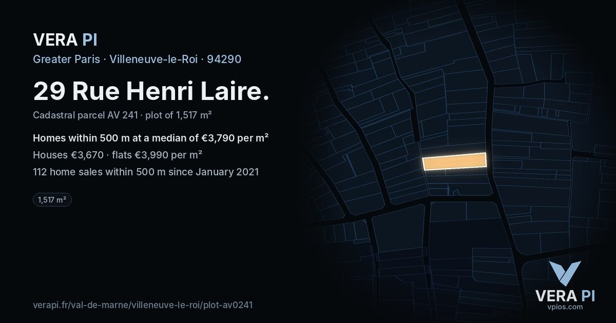 29 Rue Henri Laire, Villeneuve-le-Roi at night – the plot lit, the parcels around coloured by the prices near them