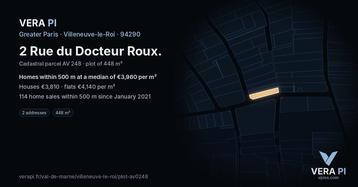 2 Rue du Docteur Roux, Villeneuve-le-Roi at night – the plot lit, the parcels around coloured by the prices near them