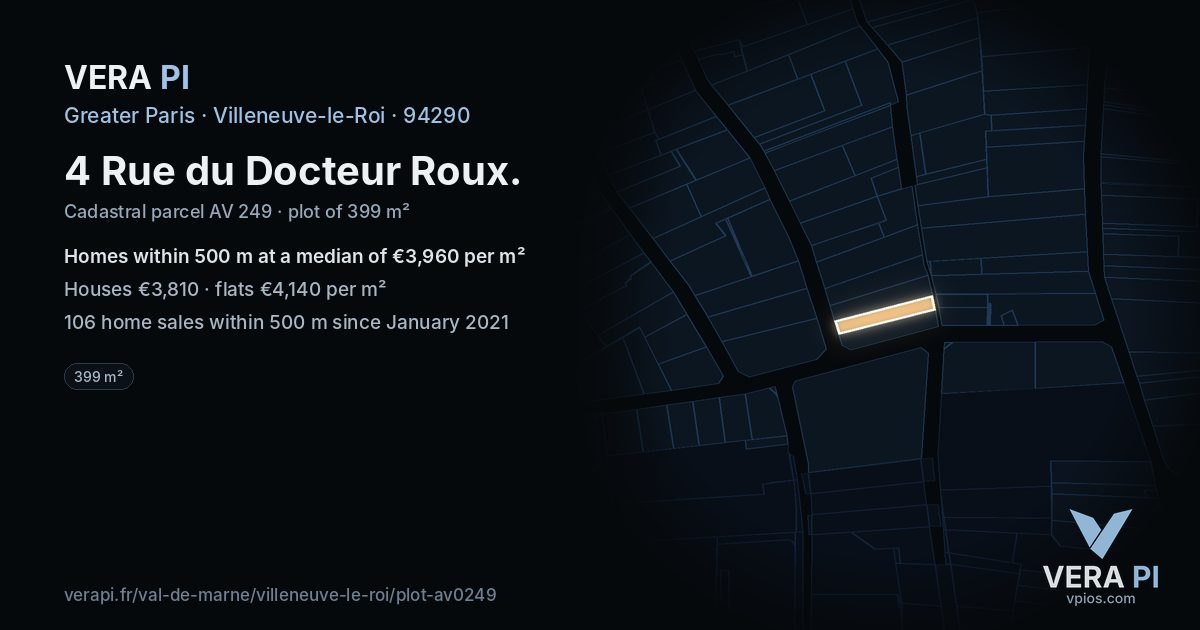 4 Rue du Docteur Roux, Villeneuve-le-Roi at night – the plot lit, the parcels around coloured by the prices near them