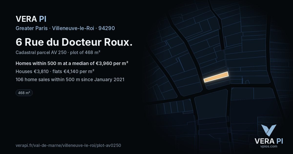 6 Rue du Docteur Roux, Villeneuve-le-Roi at night – the plot lit, the parcels around coloured by the prices near them