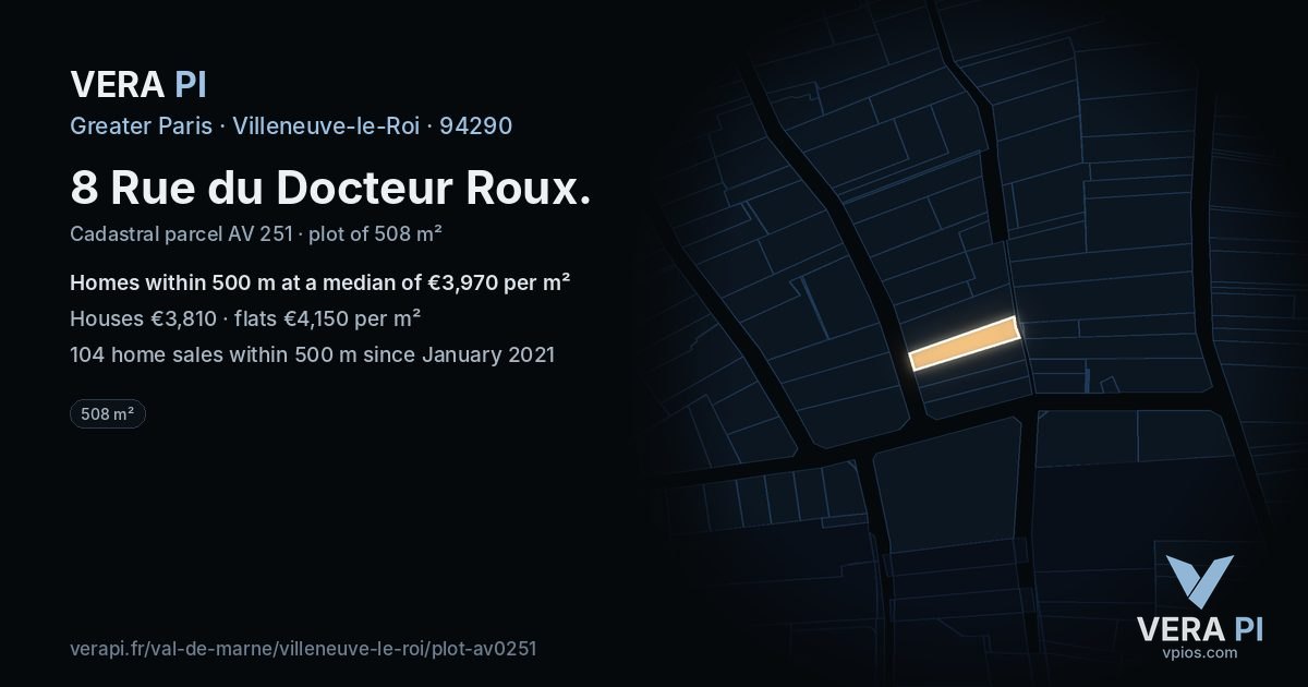 8 Rue du Docteur Roux, Villeneuve-le-Roi at night – the plot lit, the parcels around coloured by the prices near them