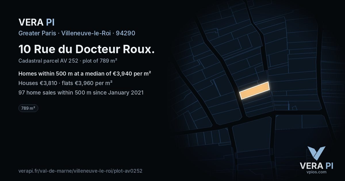 10 Rue du Docteur Roux, Villeneuve-le-Roi at night – the plot lit, the parcels around coloured by the prices near them