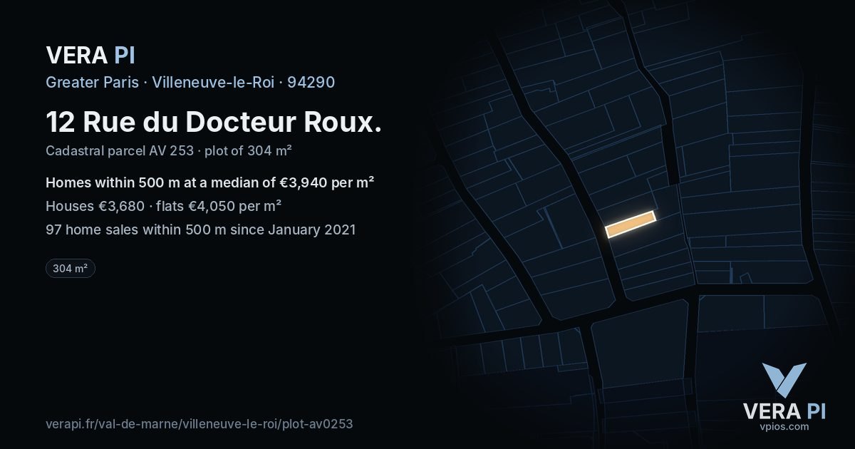 12 Rue du Docteur Roux, Villeneuve-le-Roi at night – the plot lit, the parcels around coloured by the prices near them