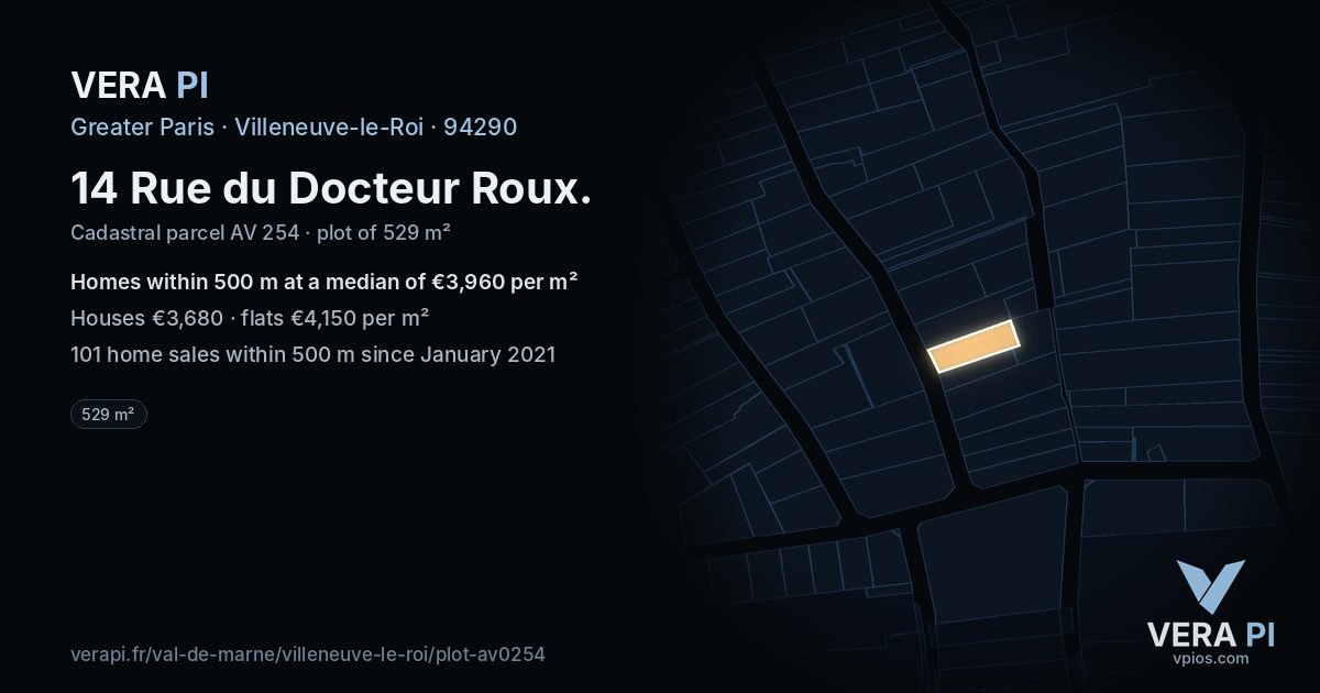 14 Rue du Docteur Roux, Villeneuve-le-Roi at night – the plot lit, the parcels around coloured by the prices near them