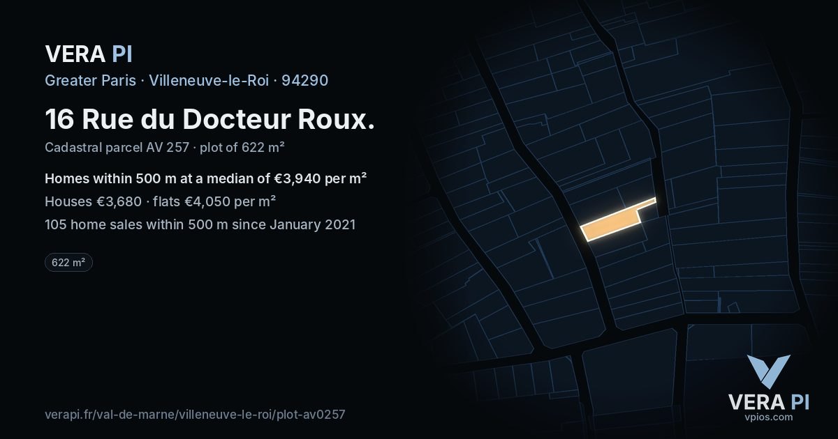 16 Rue du Docteur Roux, Villeneuve-le-Roi at night – the plot lit, the parcels around coloured by the prices near them