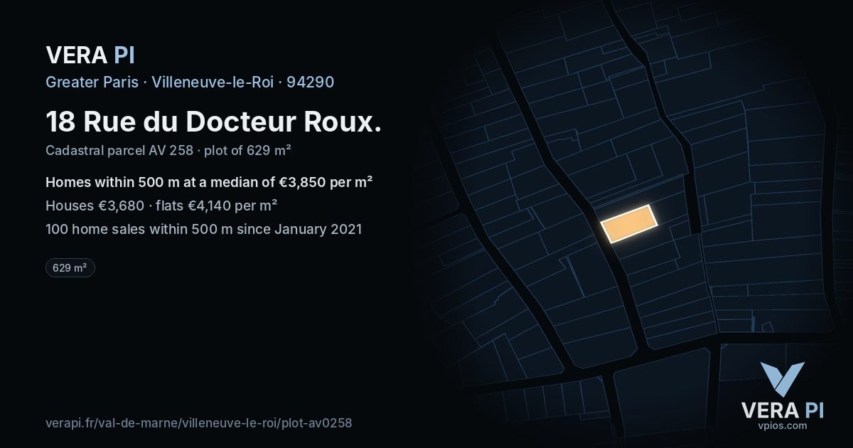 18 Rue du Docteur Roux, Villeneuve-le-Roi at night – the plot lit, the parcels around coloured by the prices near them