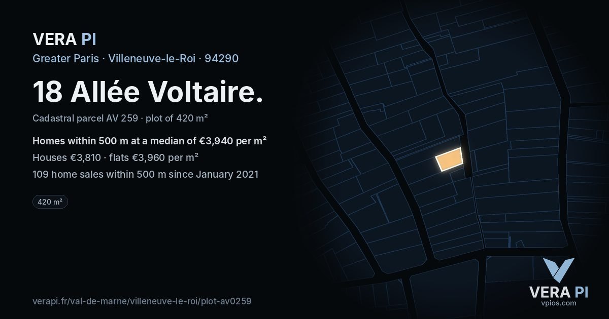 18 Allée Voltaire, Villeneuve-le-Roi at night – the plot lit, the parcels around coloured by the prices near them