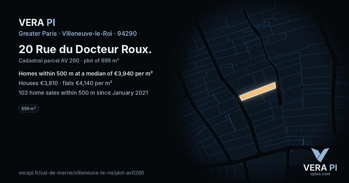 20 Rue du Docteur Roux, Villeneuve-le-Roi at night – the plot lit, the parcels around coloured by the prices near them