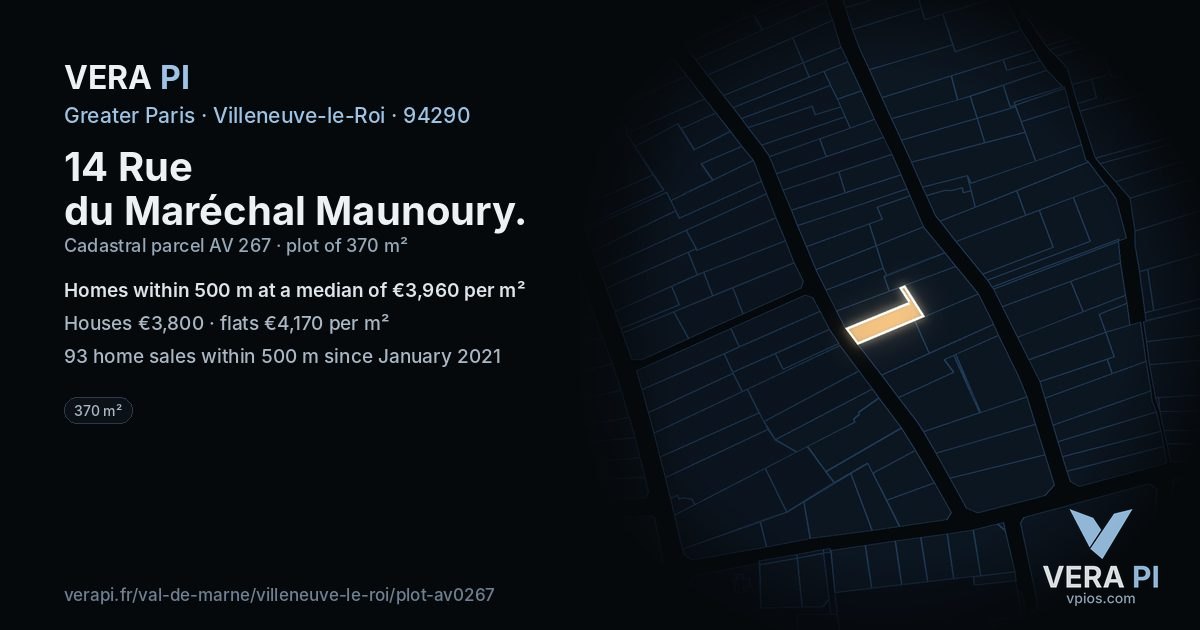 14 Rue du Maréchal Maunoury, Villeneuve-le-Roi at night – the plot lit, the parcels around coloured by the prices near them