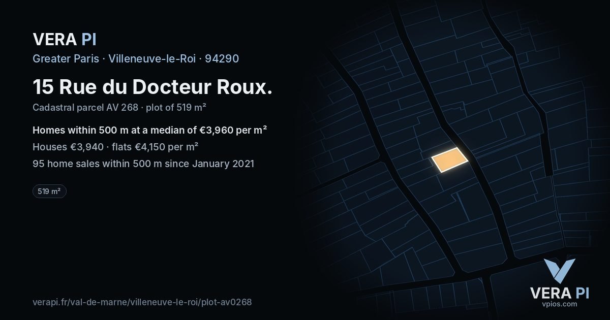 15 Rue du Docteur Roux, Villeneuve-le-Roi at night – the plot lit, the parcels around coloured by the prices near them