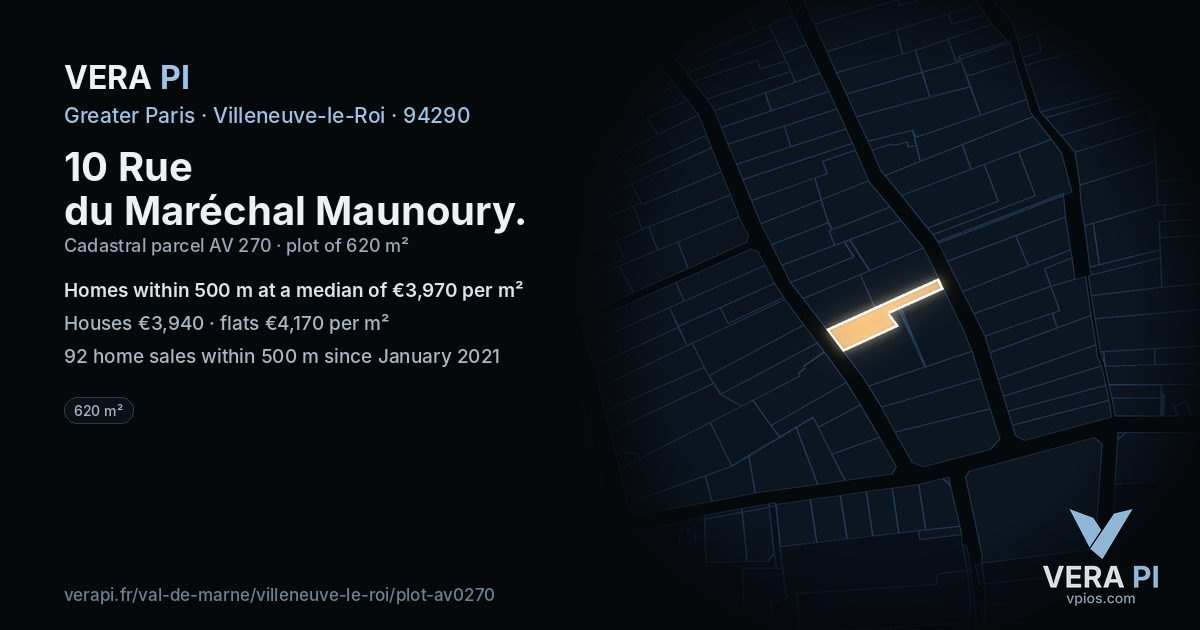 10 Rue du Maréchal Maunoury, Villeneuve-le-Roi at night – the plot lit, the parcels around coloured by the prices near them